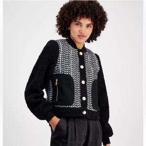 NWT 7 For All Mankind Women's Mixed-Media Sherpa-Trim Bomber Jacket Gold Buttons